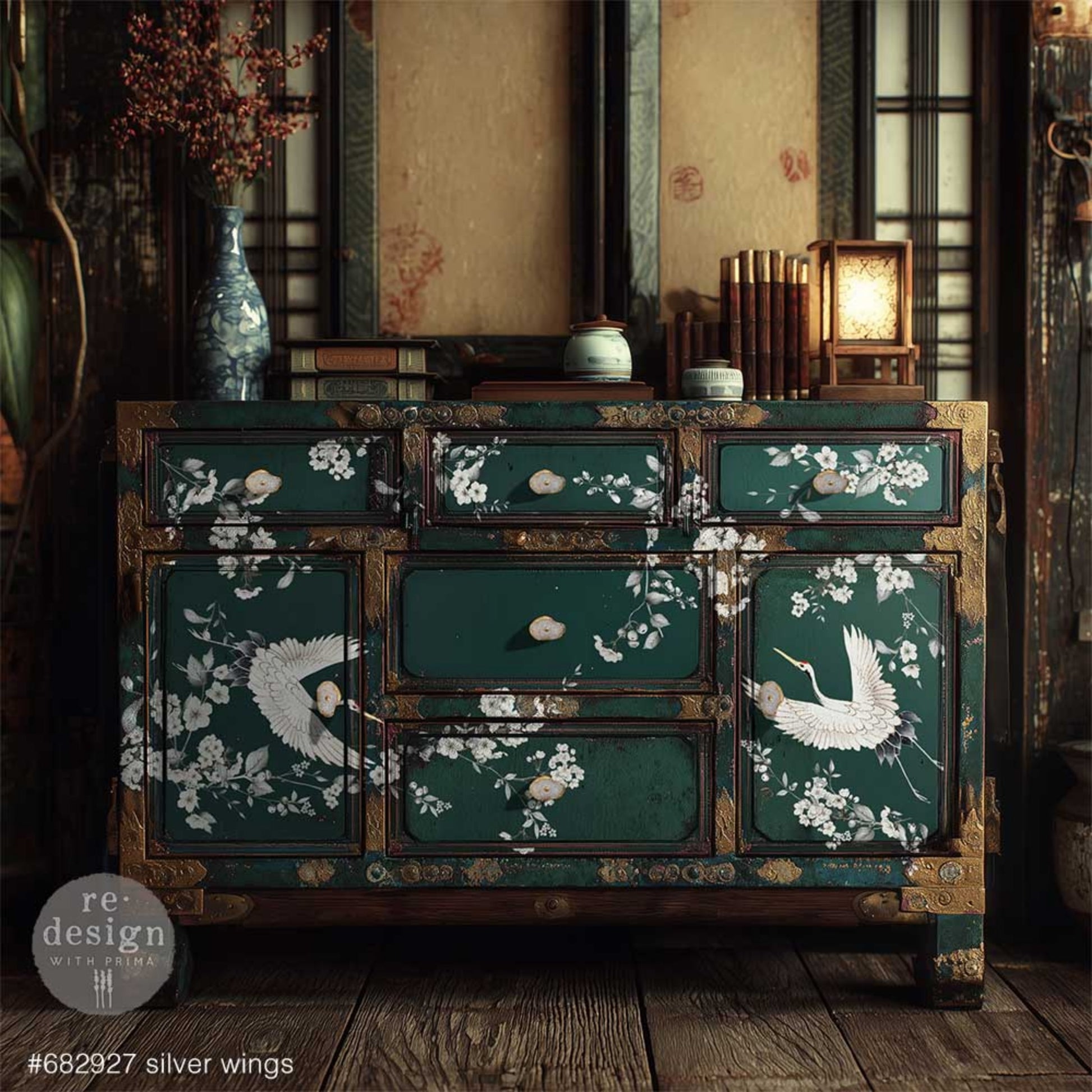 Large Decor Transfer featuring white flowers, grey leaves, and graceful flying cranes on green dresser