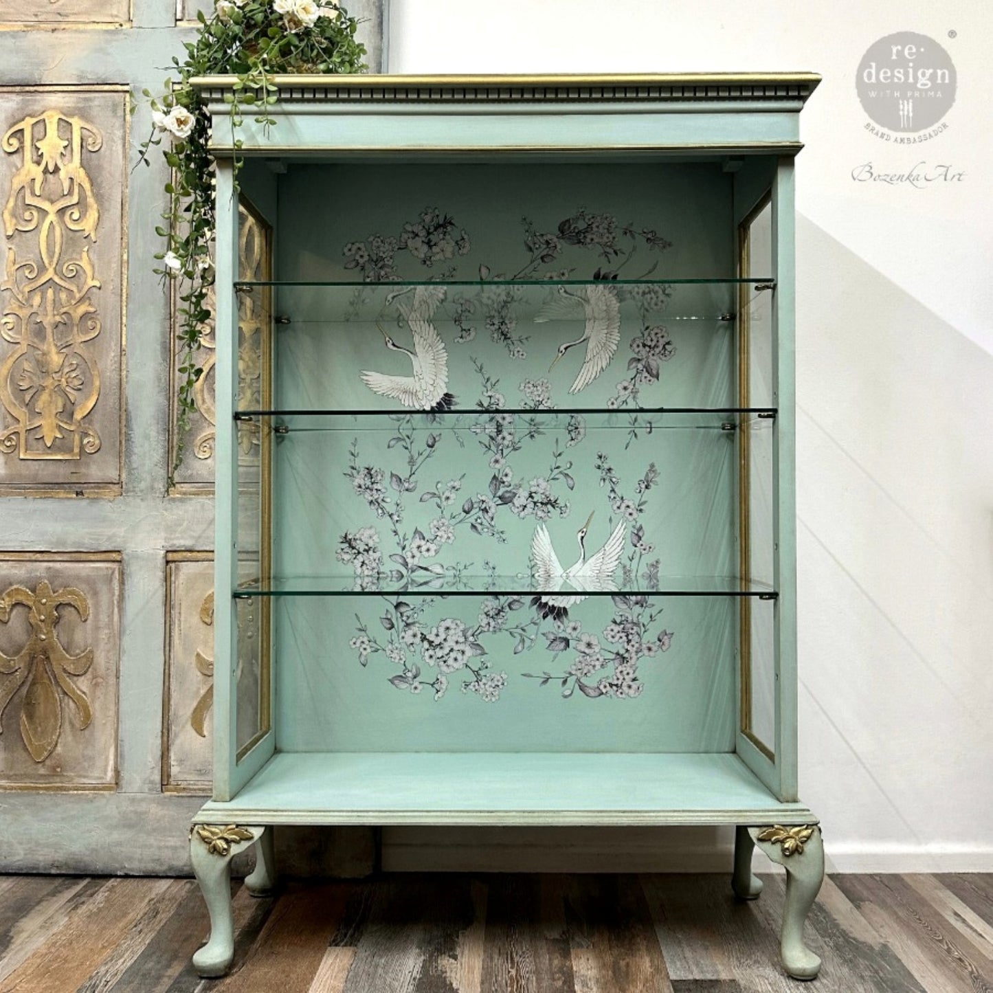 Redesign with Prima crane and floral transfer for furniture, cabinets, trays, and DIY decor