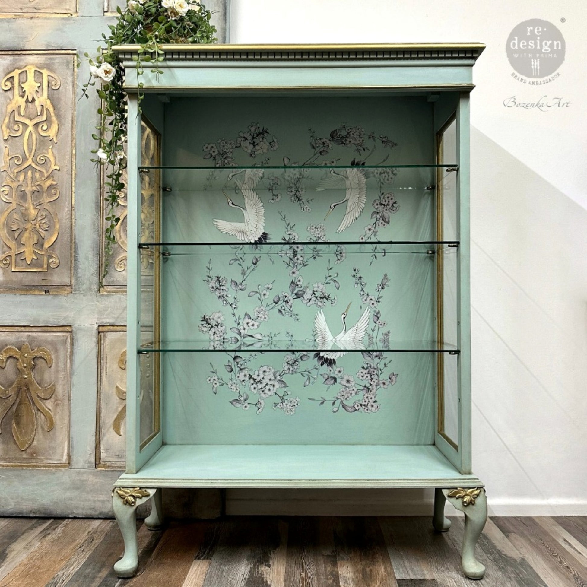 Redesign with Prima crane and floral transfer for furniture, cabinets, trays, and DIY decor