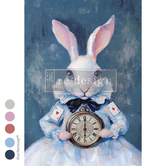 A3 Six O’Clock Certainty decoupage fiber sheet featuring a dressed white rabbit holding an antique pocket watch.