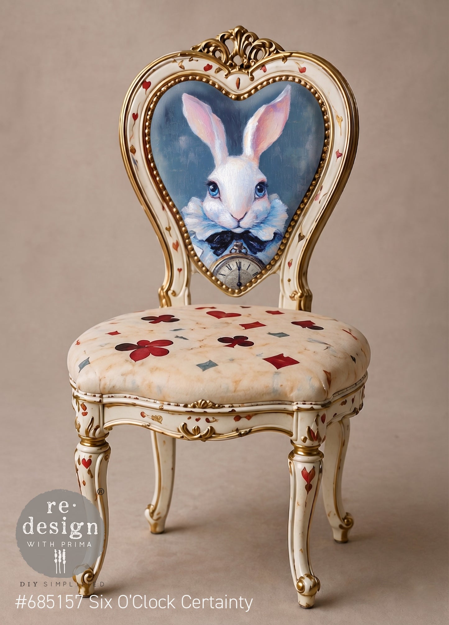 Six O’Clock Certainty decoupage fiber applied to an ornate cream and gold chair with playing-card details.