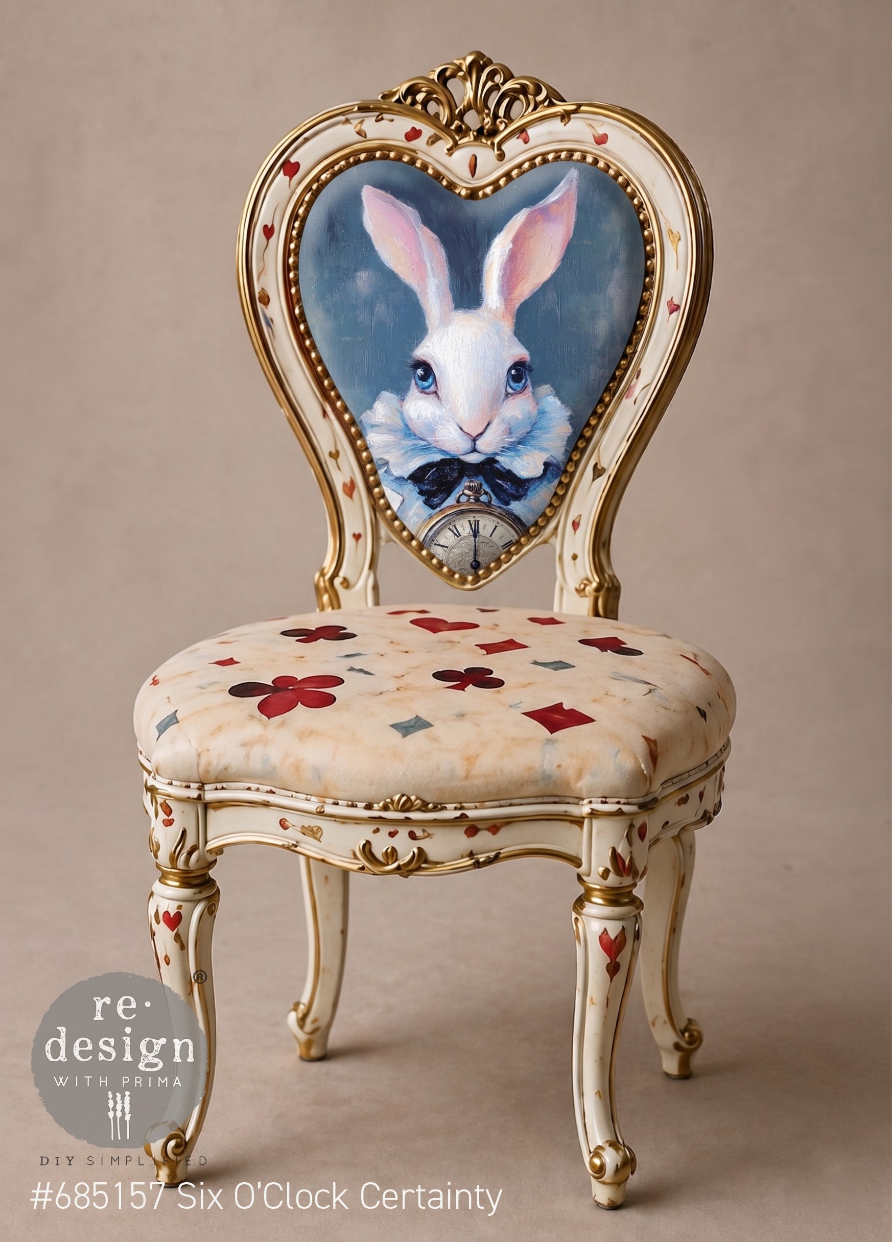 Six O’Clock Certainty decoupage fiber applied to an ornate cream and gold chair with playing-card details.