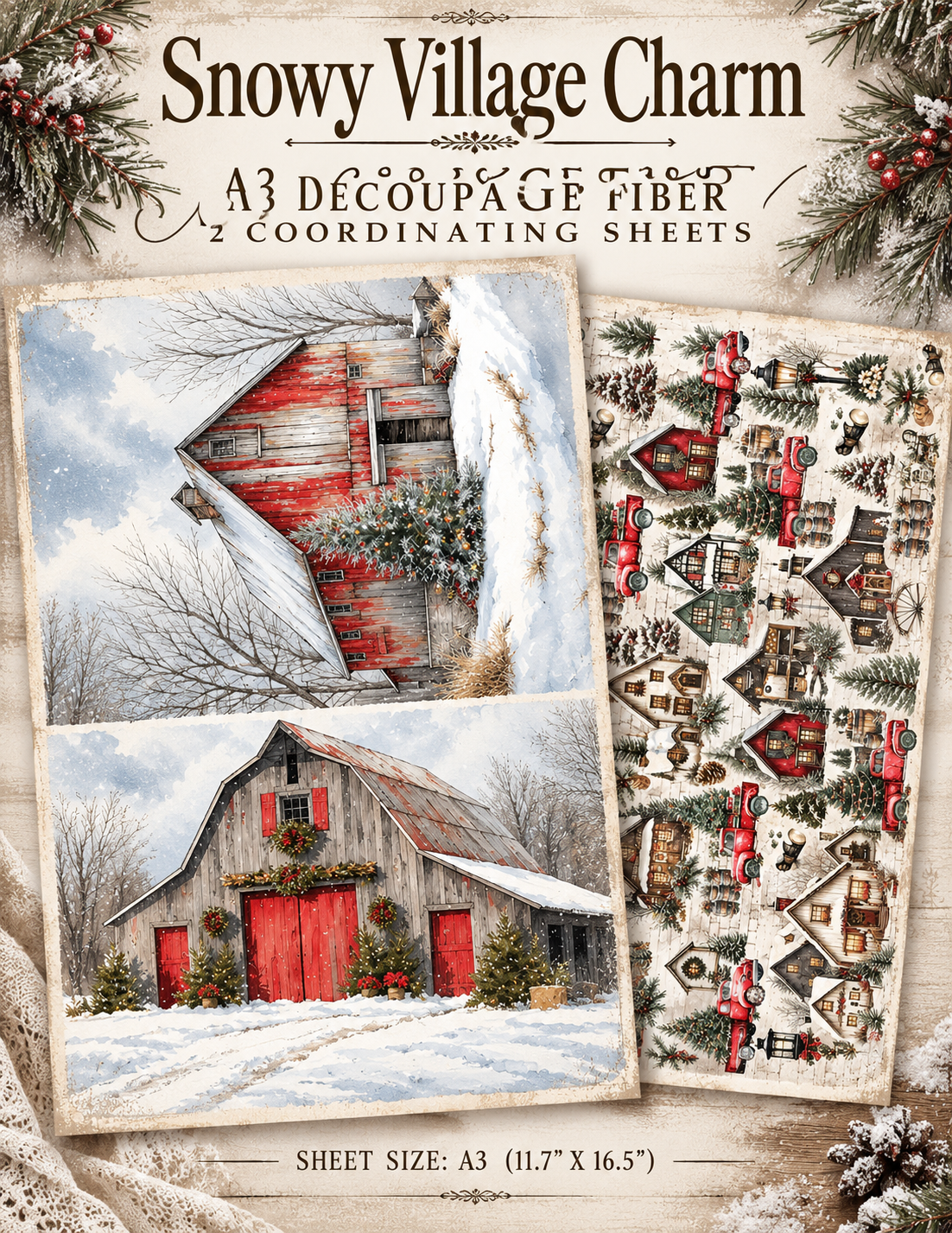 A3 Decoupage Fiber Pack – Snowy Village Charm – 2 Sheets, 11.7″ x 16.5″
