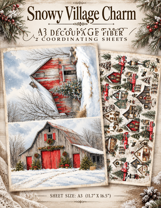 A3 Decoupage Fiber Pack – Snowy Village Charm – 2 Sheets, 11.7″ x 16.5″