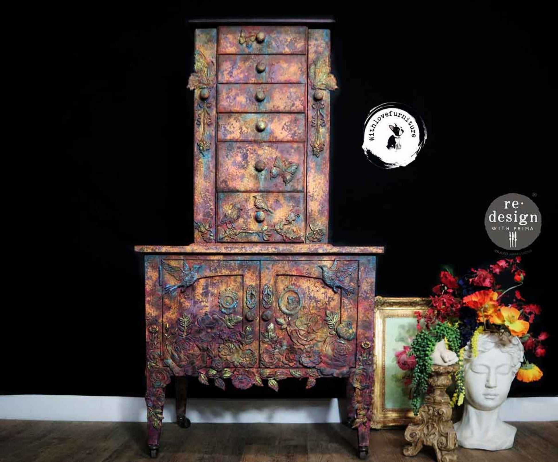 Steamflight Symphony steampunk butterfly mould castings used on a colorful textured cabinet with raised wings, gears, florals, and metallic finishes.