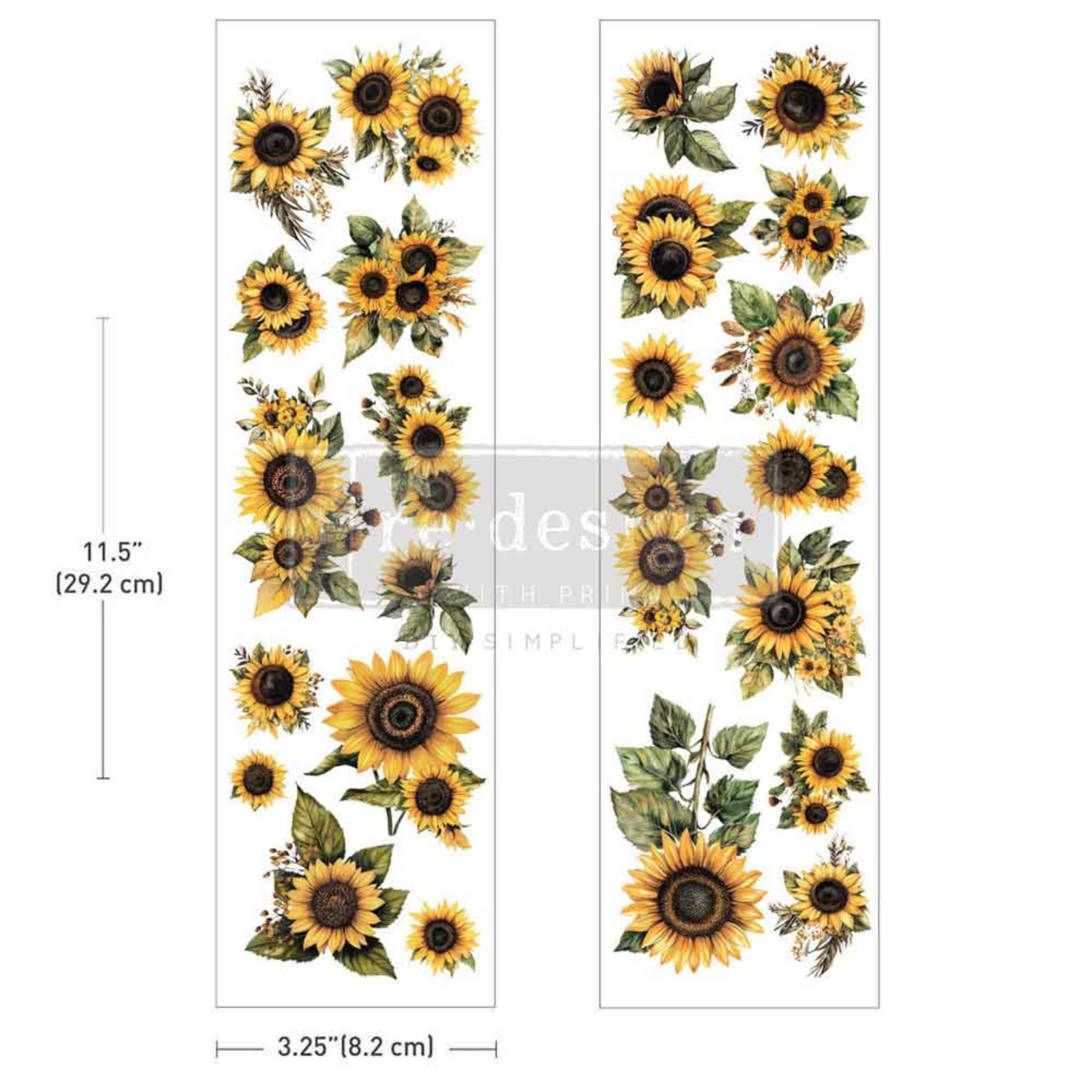 Redesign with Prima Sun-Drenched Harvest Luxe Transfers featuring yellow sunflowers, green leaves, and small white floral accents on two 3.25 by 11.5 inch sheets.