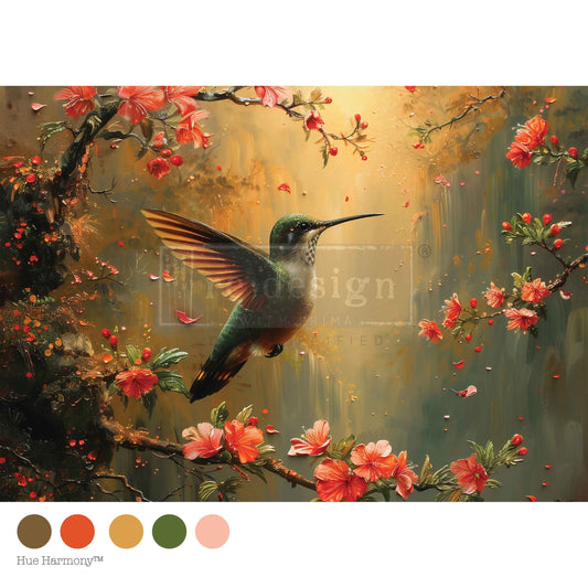 Sunset Serenade A3 Decoupage Fiber Sheet – Hummingbird & Floral Décor Paper