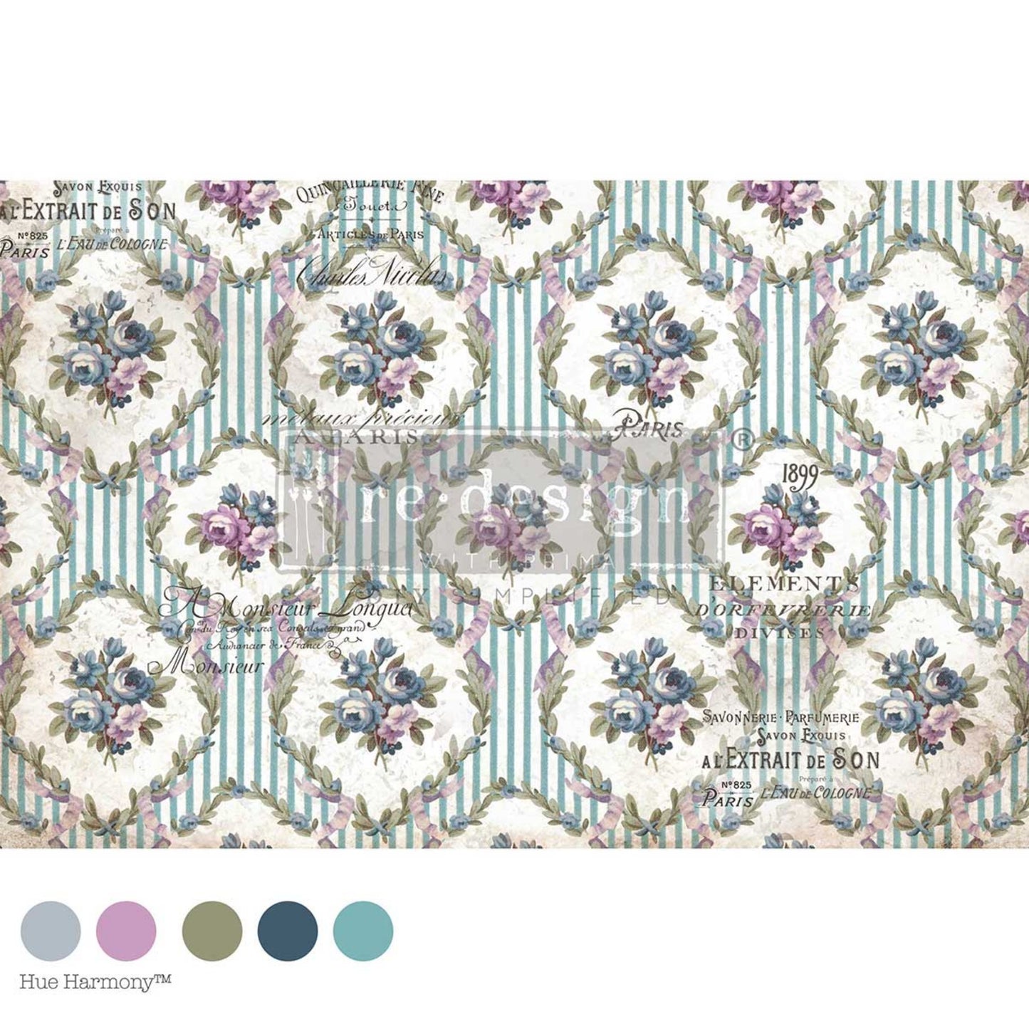 The Apothecary’s Trousseau decoupage fiber paper with aqua stripes, vintage French text, floral bouquets, botanical wreaths, and lavender accents by Redesign with Prima.