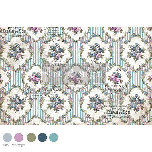 The Apothecary’s Trousseau decoupage fiber paper with aqua stripes, vintage French text, floral bouquets, botanical wreaths, and lavender accents by Redesign with Prima.