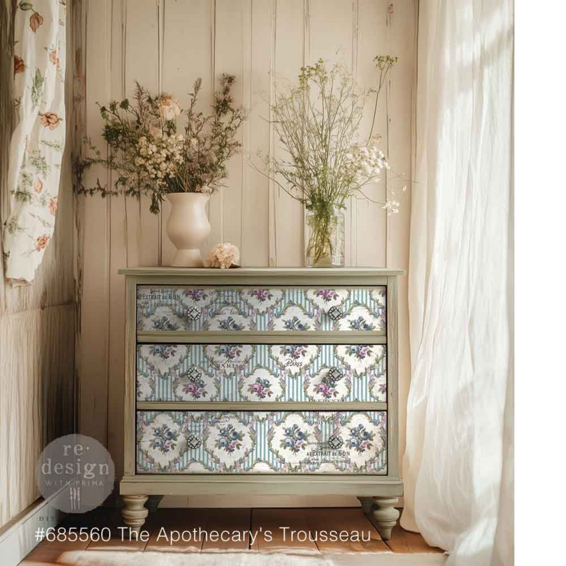 The Apothecary’s Trousseau decoupage fiber applied to a vintage dresser, featuring aqua stripes, French typography, floral bouquets, and botanical details.