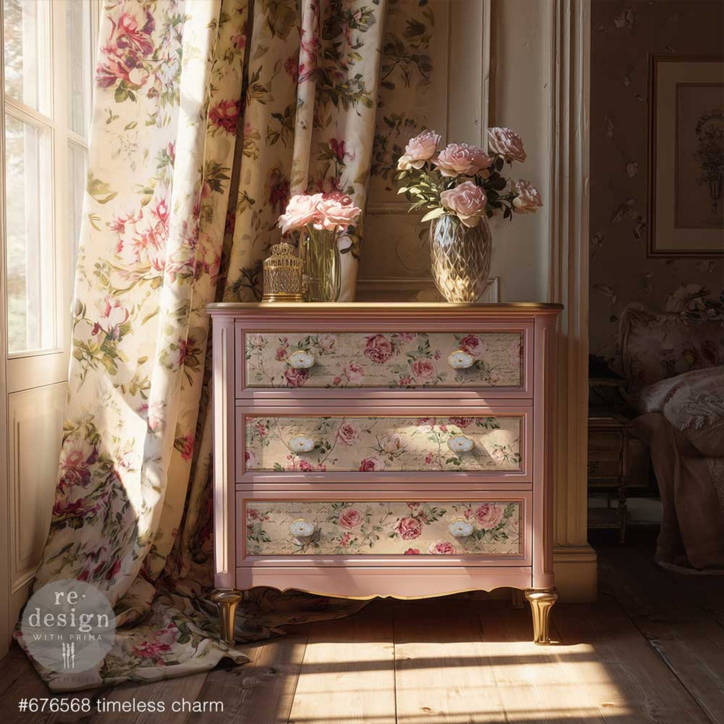 Timeless Charm floral decoupage fiber paper featuring an allover rose pattern, blush flowers, cream background, green leaves, and handwritten script.