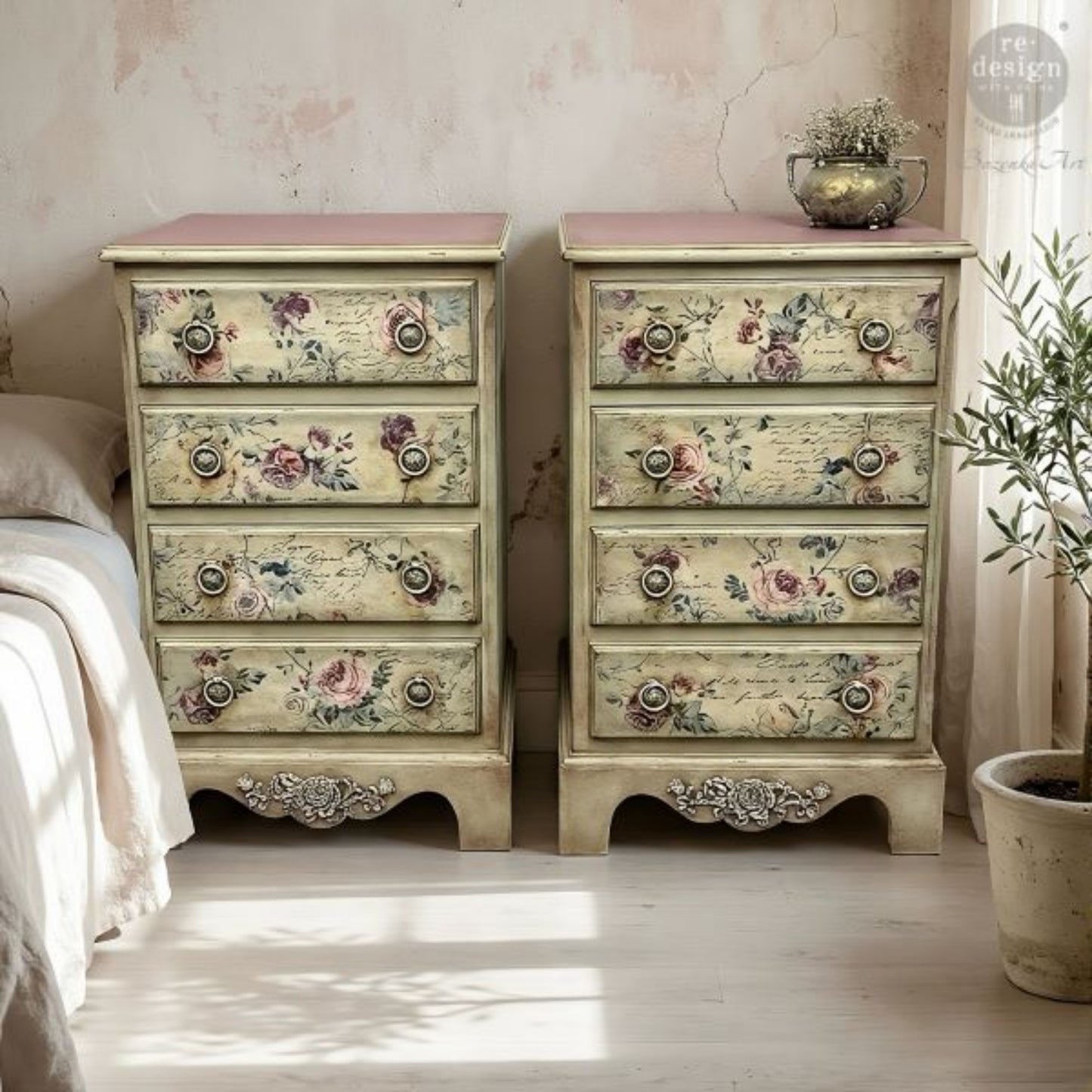 Furniture makeover using Timeless Charm decoupage fiber paper with delicate pink roses, leafy vines, and soft vintage-inspired styling.