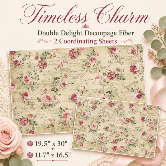 Double Delight Timeless Charm Decoupage Fiber Paper Set with soft pink roses, leafy vines, vintage script, and two coordinating sheet sizes.