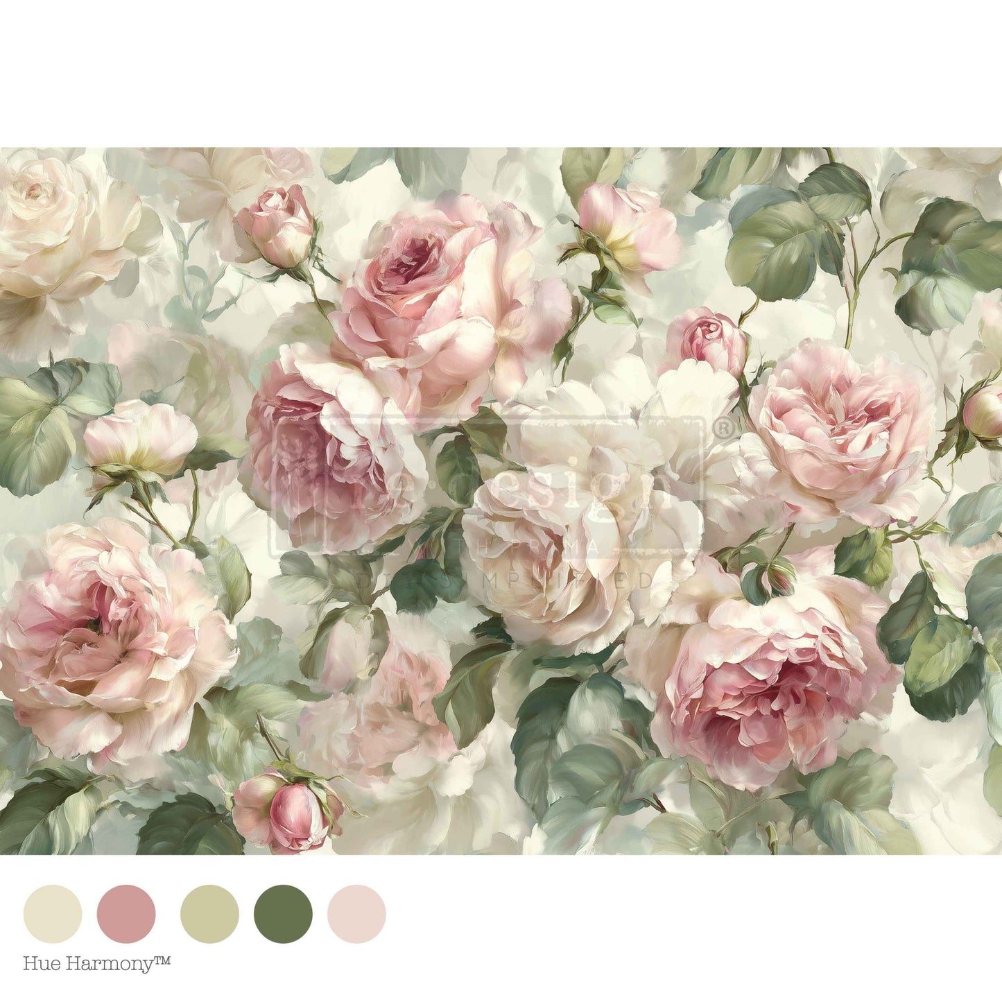 Velvet Bloom A1 Decoupage Fiber Paper with blush pink roses, cream flowers, and soft green leaves