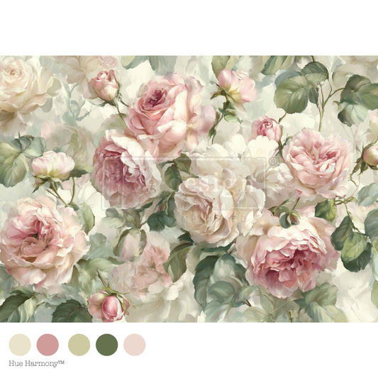Velvet Bloom A1 Decoupage Fiber Paper with blush pink roses, cream flowers, and soft green leaves