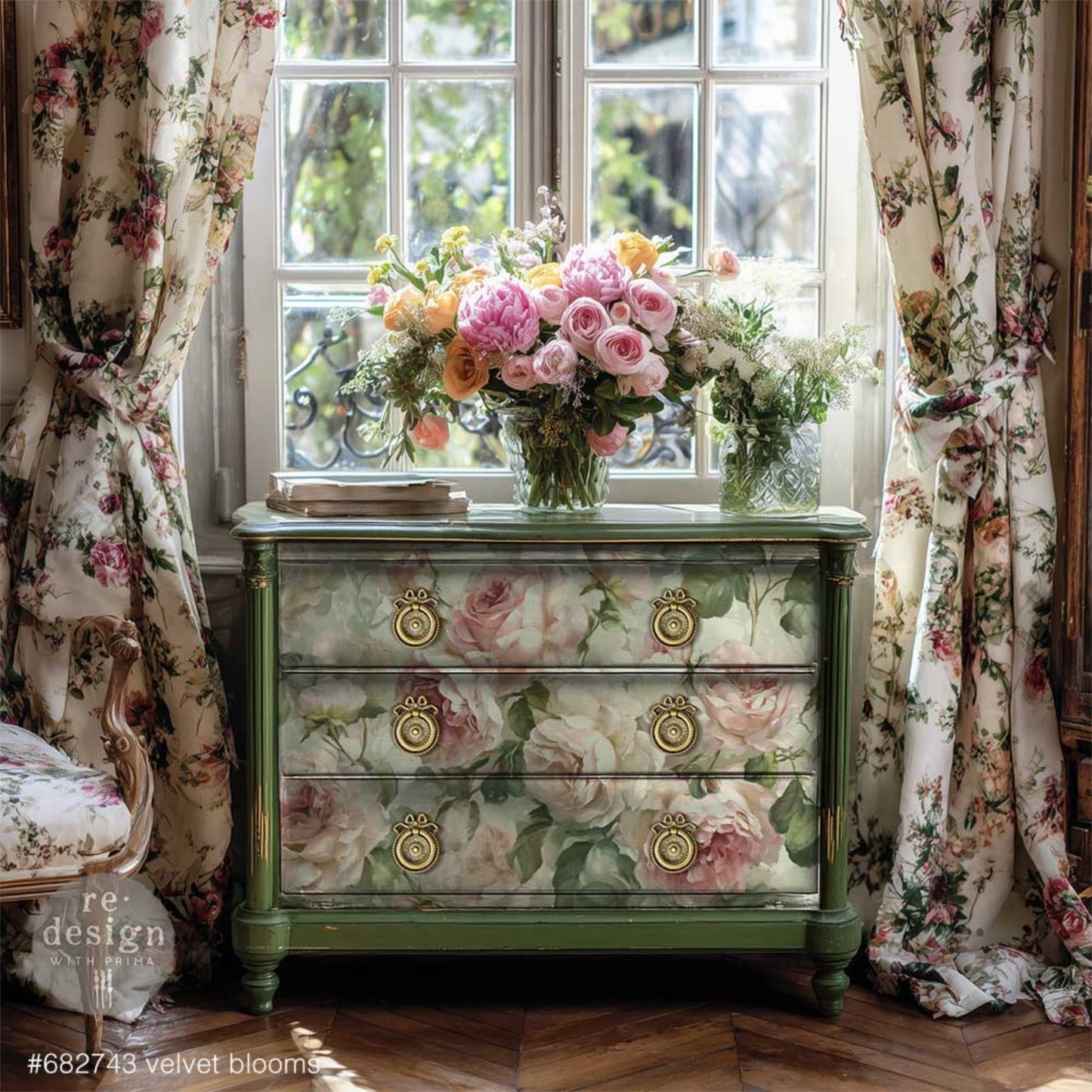 Redesign with Prima Velvet Bloom decoupage fiber paper featuring romantic blush roses on a green dresser