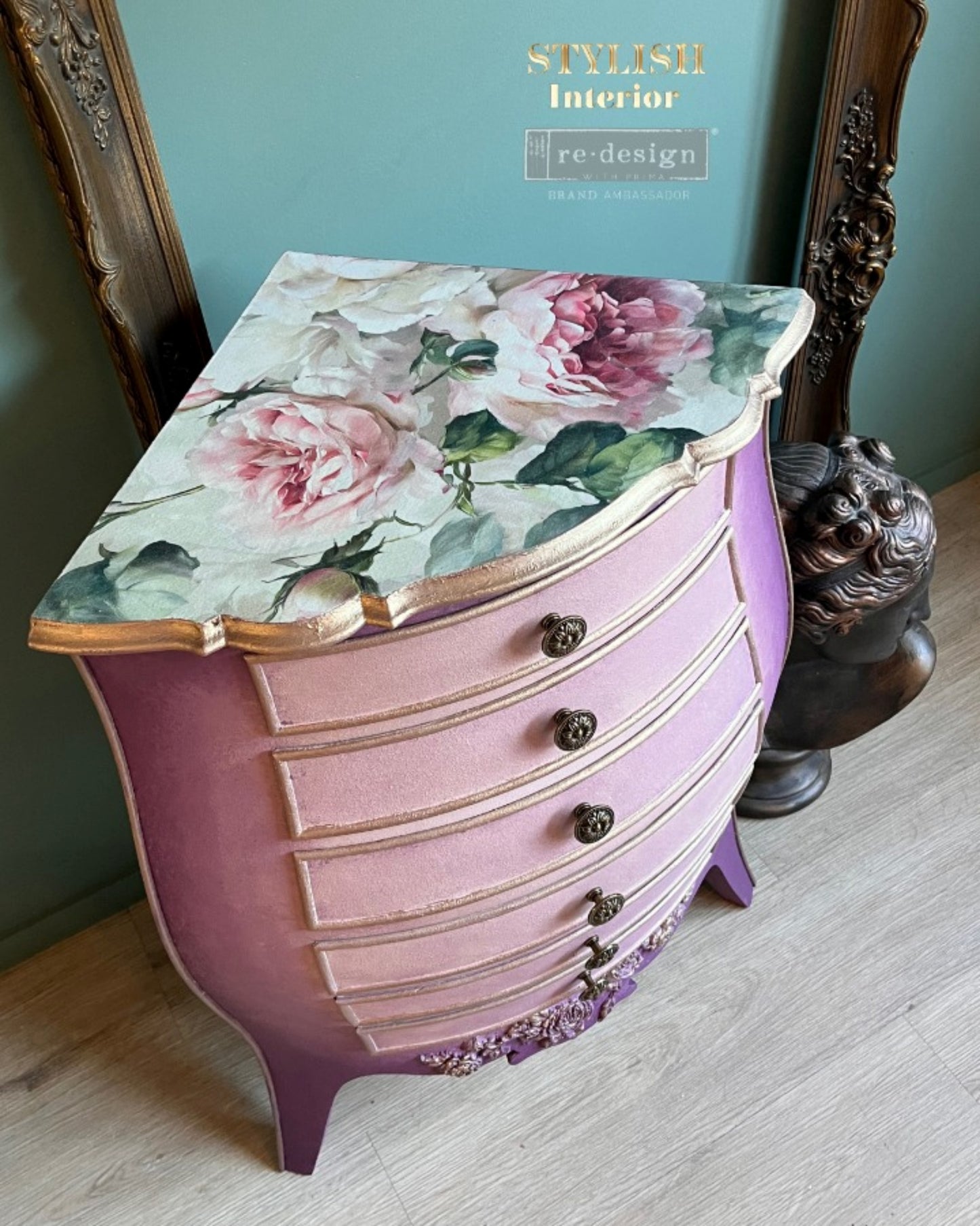 A1 decoupage fiber paper with soft pink roses, creamy white blooms, and painterly green foliage on a pink night stand