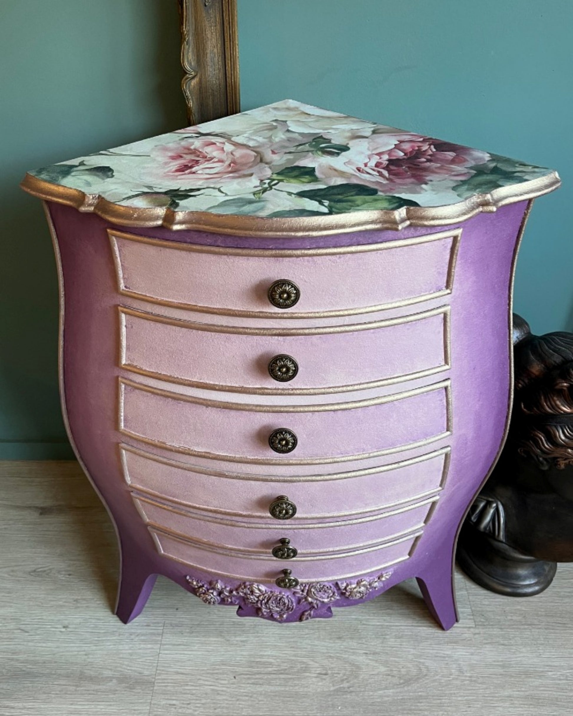Romantic rose decoupage fiber paper with blush florals, cream blooms, and cottage style details on a pink night stand