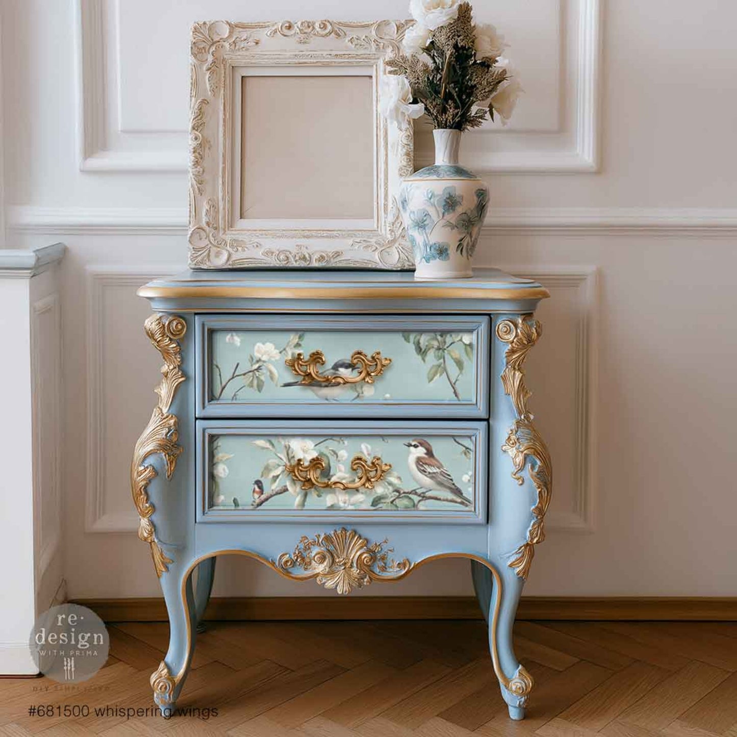 A3 decoupage fiber paper Whispering Wings featuring songbirds on flowering branches with soft aqua background for furniture decor and DIY projects