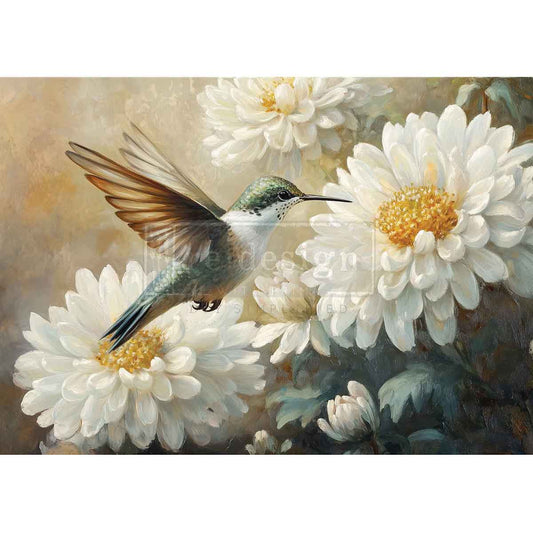 Whispers Of The Garden decoupage fiber paper close up showing hummingbird wings and soft white flower artwork for decorative furniture crafts