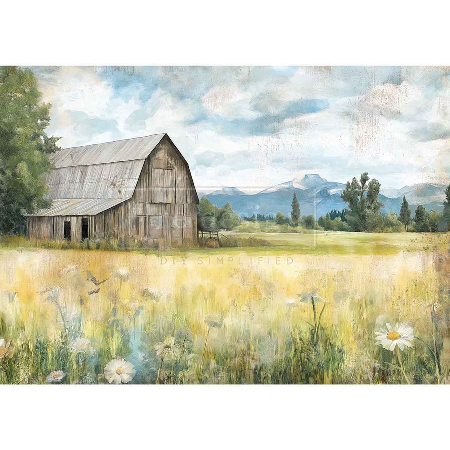 A3 decoupage fiber paper Whispers Of The Old Barn featuring rustic wooden barn, golden meadow, and countryside landscape design for furniture decor projects