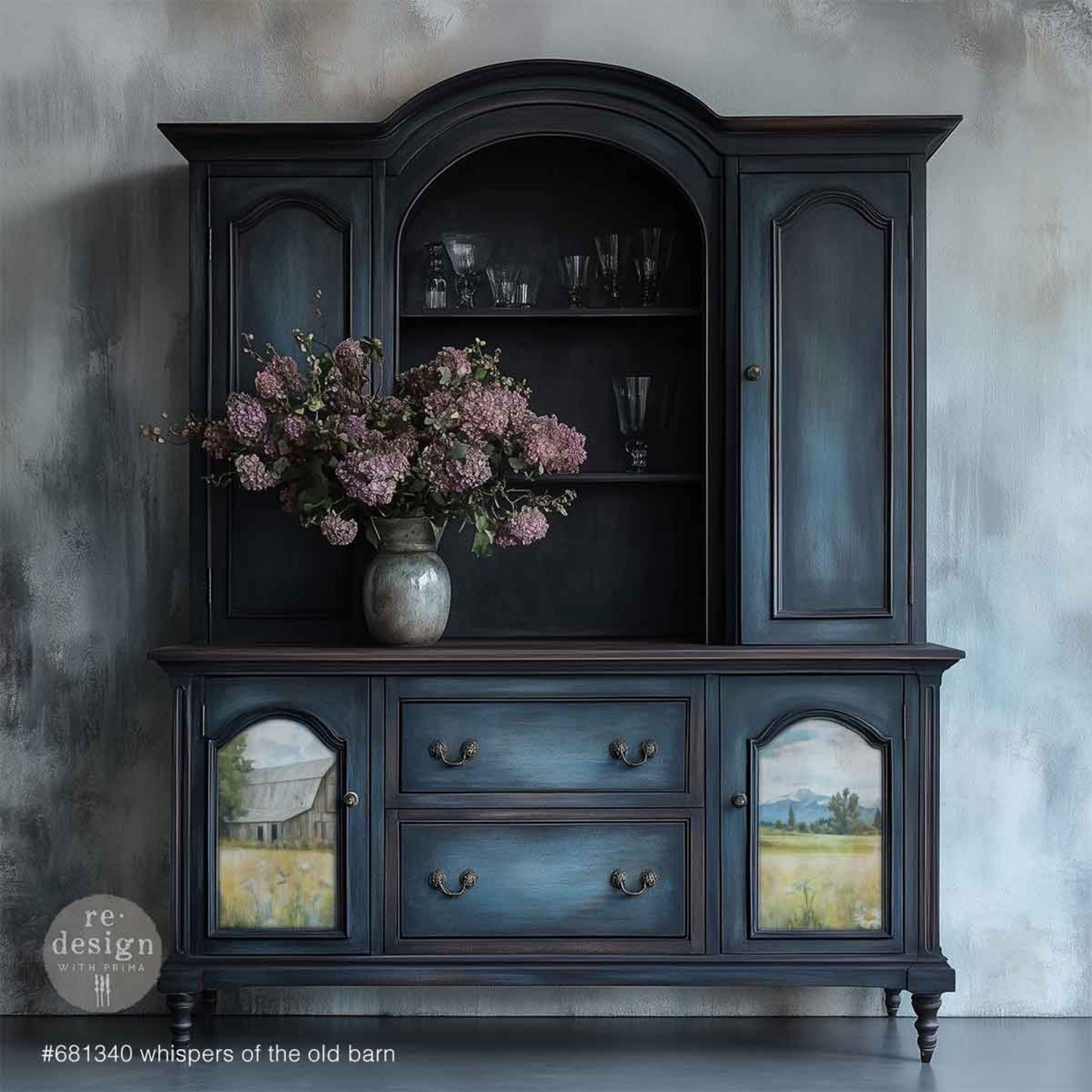 Whispers Of The Old Barn decoupage fiber paper close up showing barn wood texture, wildflowers, and painterly countryside artwork for DIY furniture crafts