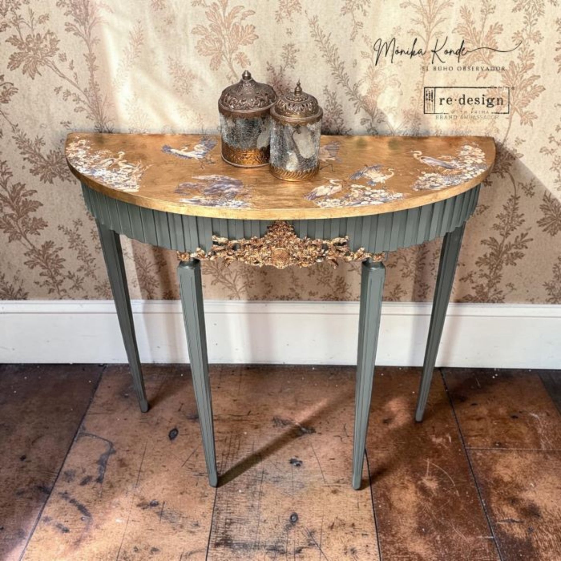 Middy Transfer set with graceful marsh birds, soft blue flowers, cream blooms, and natural details on a blue and gold entry table
