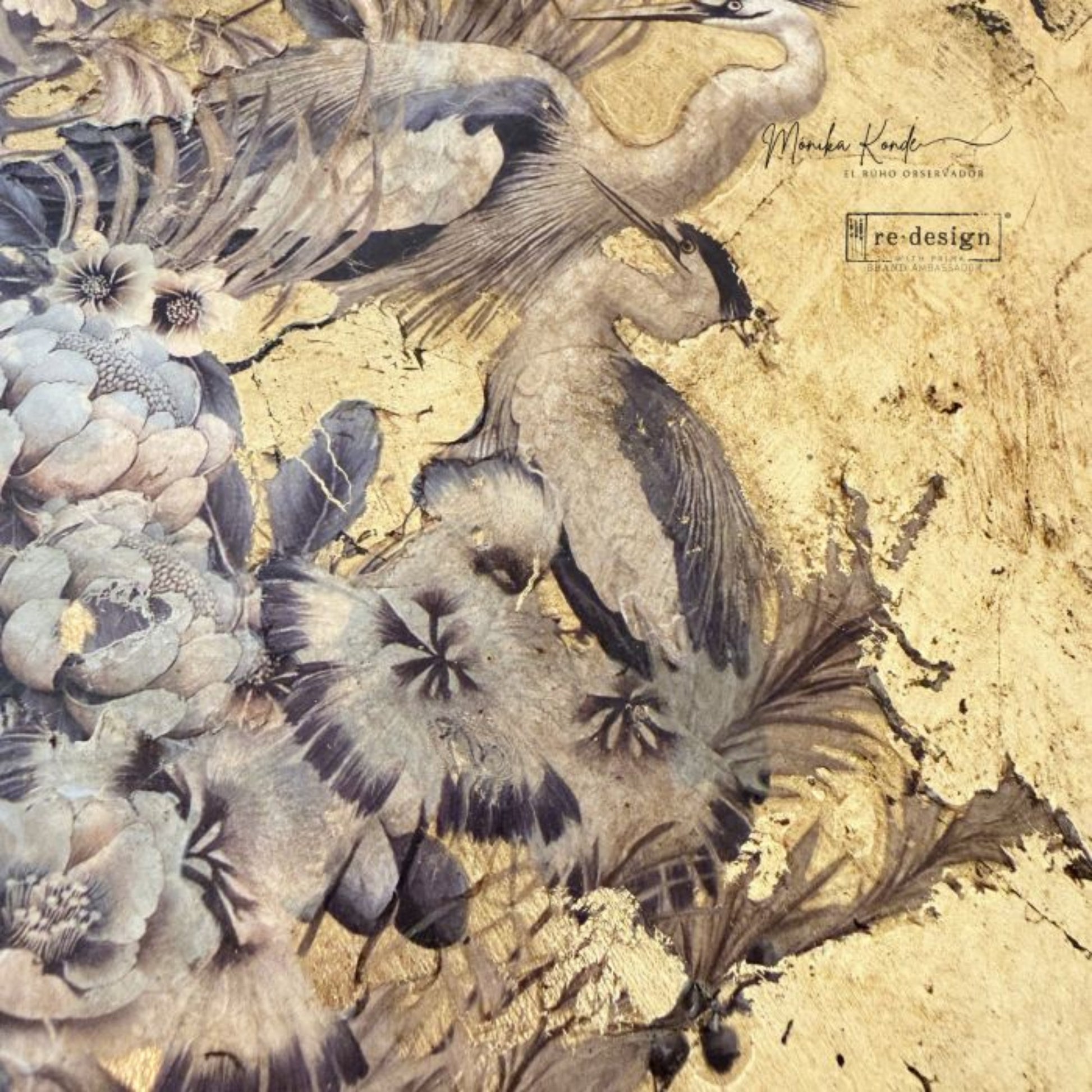 Redesign with Prima Whispers by the Marsh Middy Transfer featuring birds, flowers, stones, and trees on a gold background