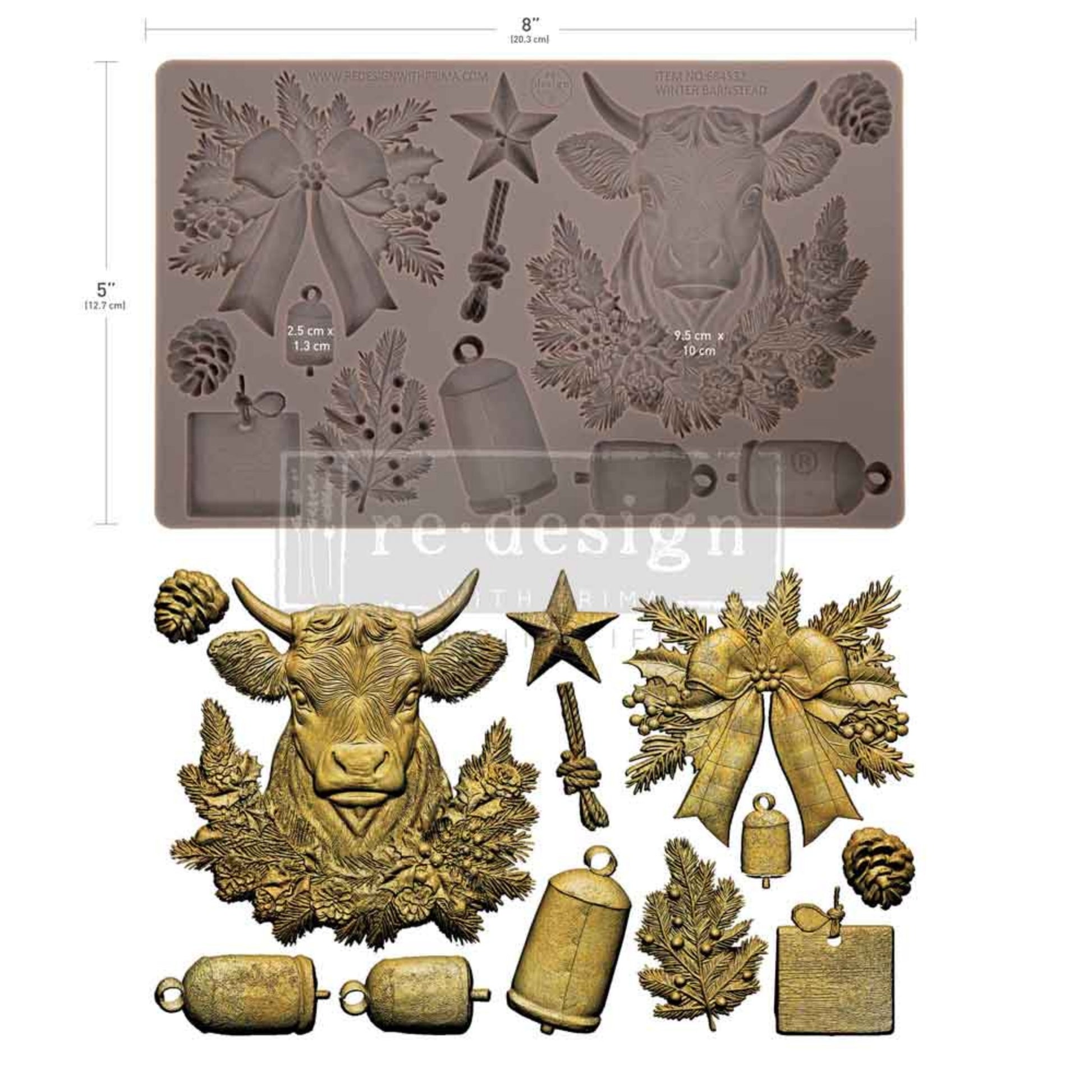 Winter Barnstead mould design sheet showing a Highland-style cow, holiday bow, star, bells, pine sprig, pinecones, tags, and rope detail on one 5 by 8 inch mould.