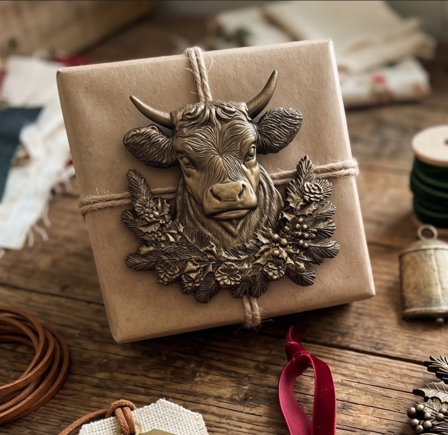 Wrapped gift box embellished with an antique bronze cow and winter greenery casting from the Winter Barnstead mould.