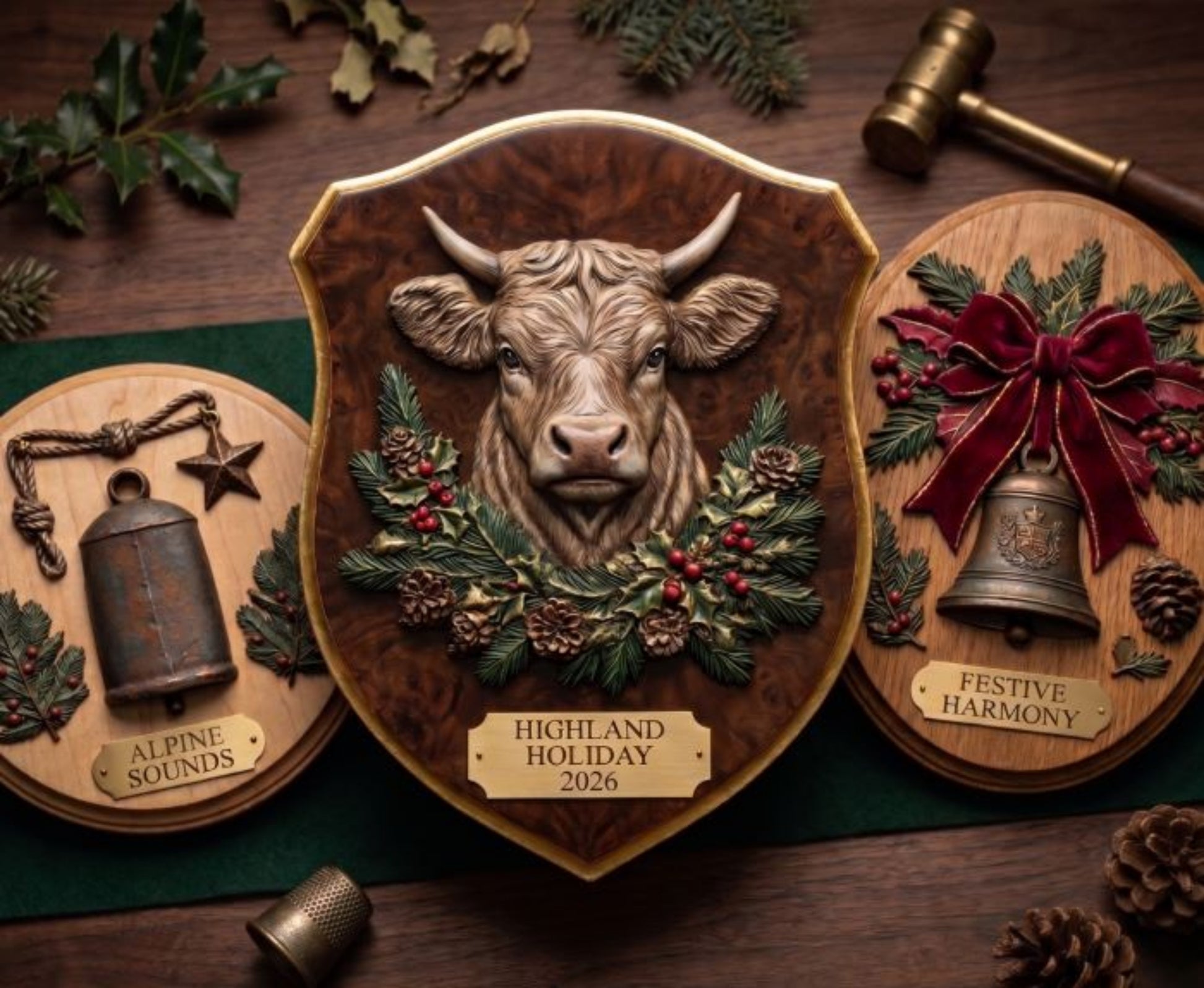 Three farmhouse Christmas plaques featuring a cow, bell, bow, star, pinecones, and evergreen castings.