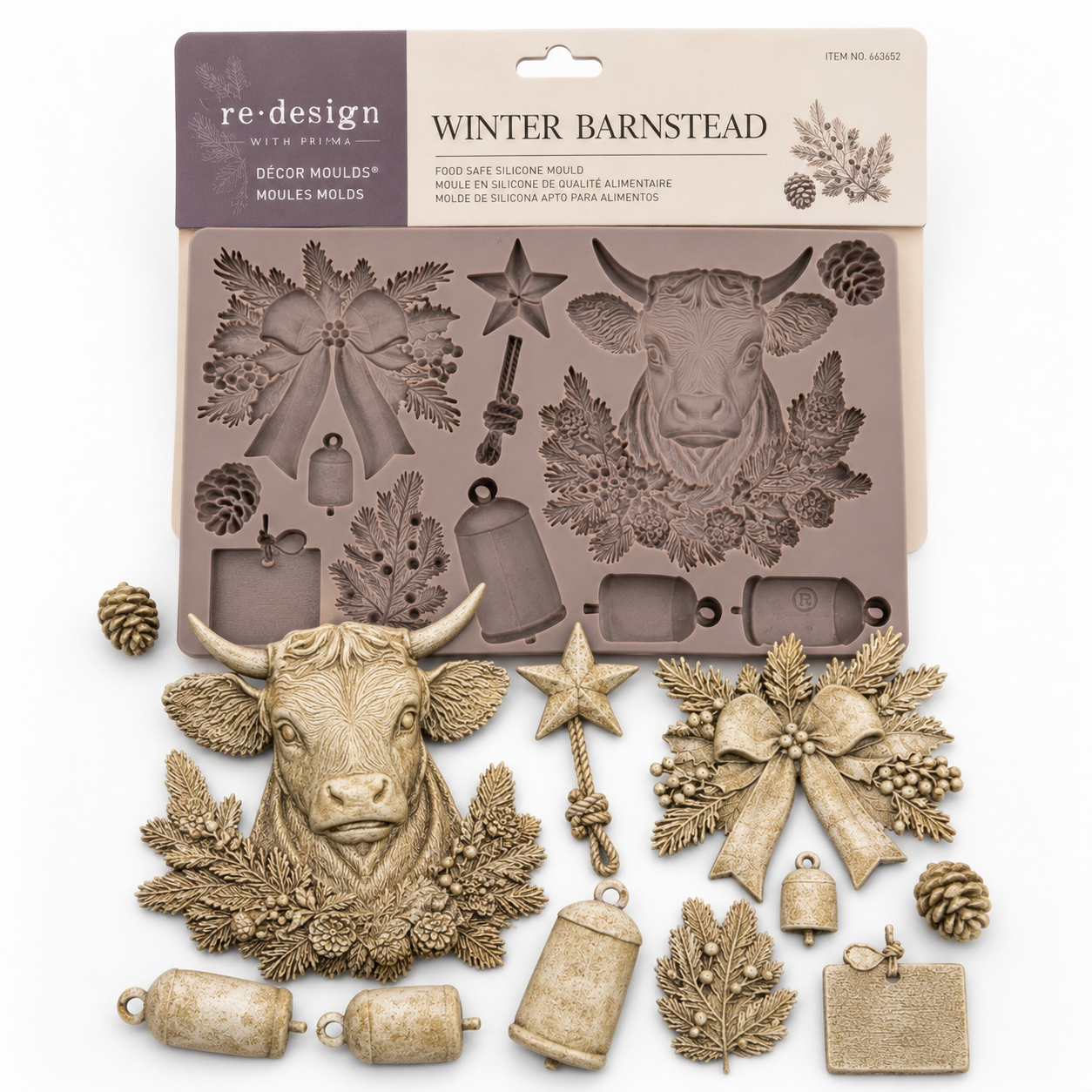 Winter Barnstead Décor Mould and finished sample castings displayed on a white background, including the cow, bow, star, bells, pinecones, greenery, and tags.