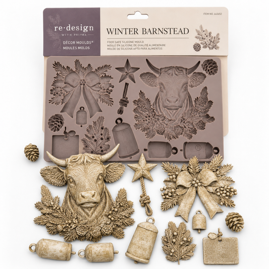 Winter Barnstead Décor Mould and finished sample castings displayed on a white background, including the cow, bow, star, bells, pinecones, greenery, and tags.
