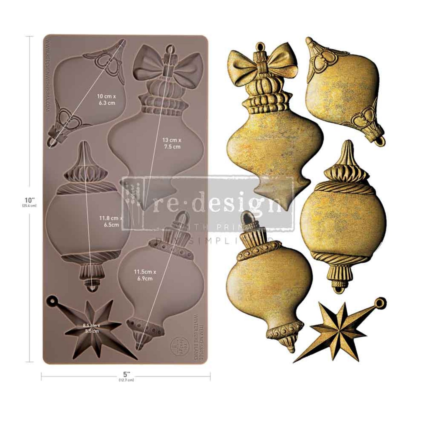 Product image showing the Winter Luxe Blanks mould designs and five finished ornament shapes in an antique gold finish.