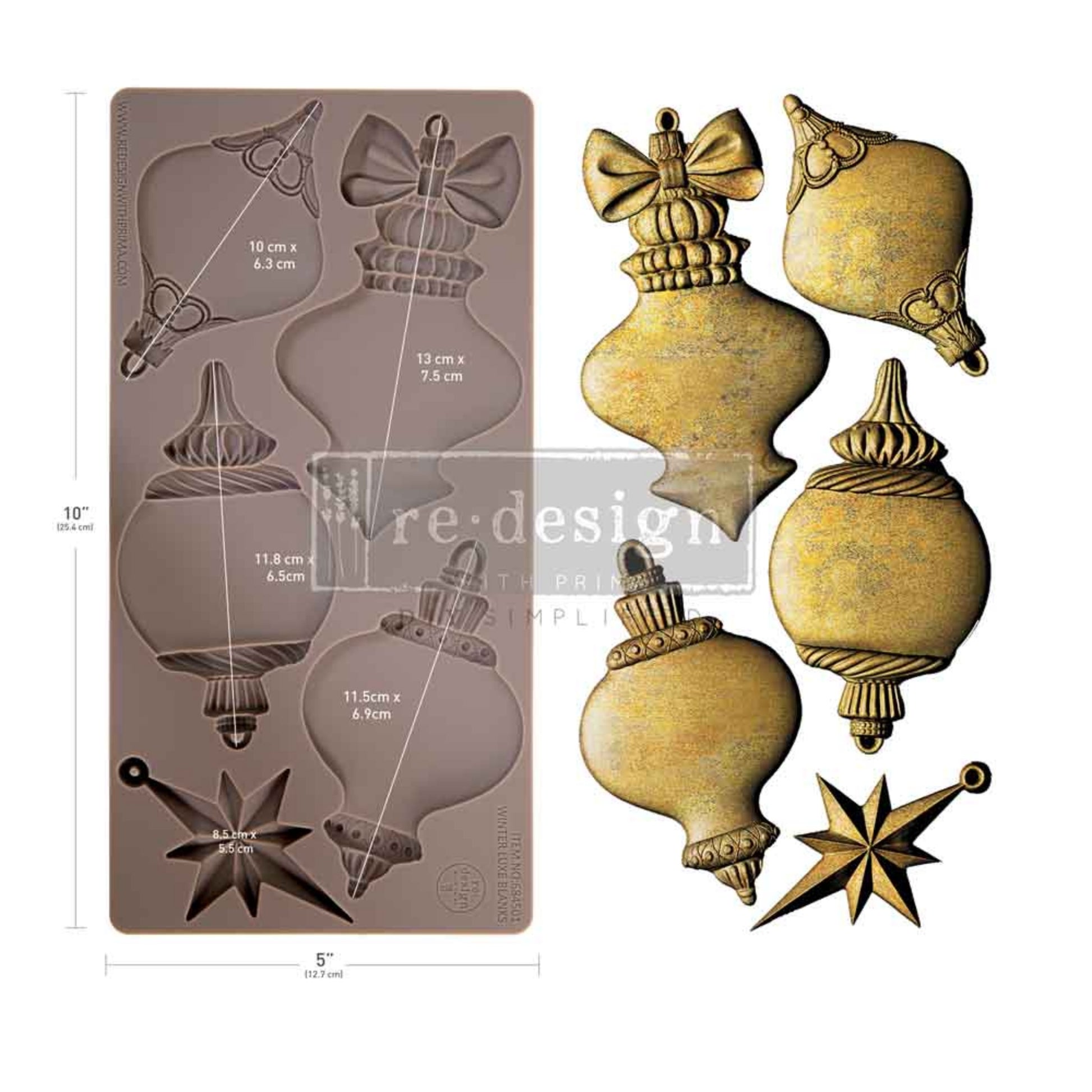 Product image showing the Winter Luxe Blanks mould designs and five finished ornament shapes in an antique gold finish.