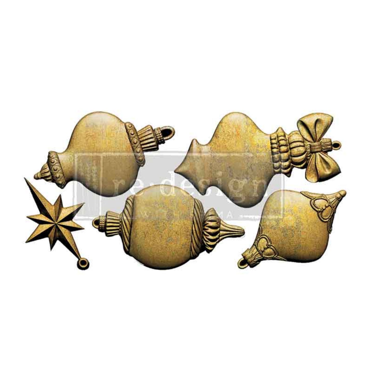 Four Winter Luxe Blanks ornaments decorated with gold holiday motifs, snowflakes, pine trees, candy canes, and soft sage finishes on lace.