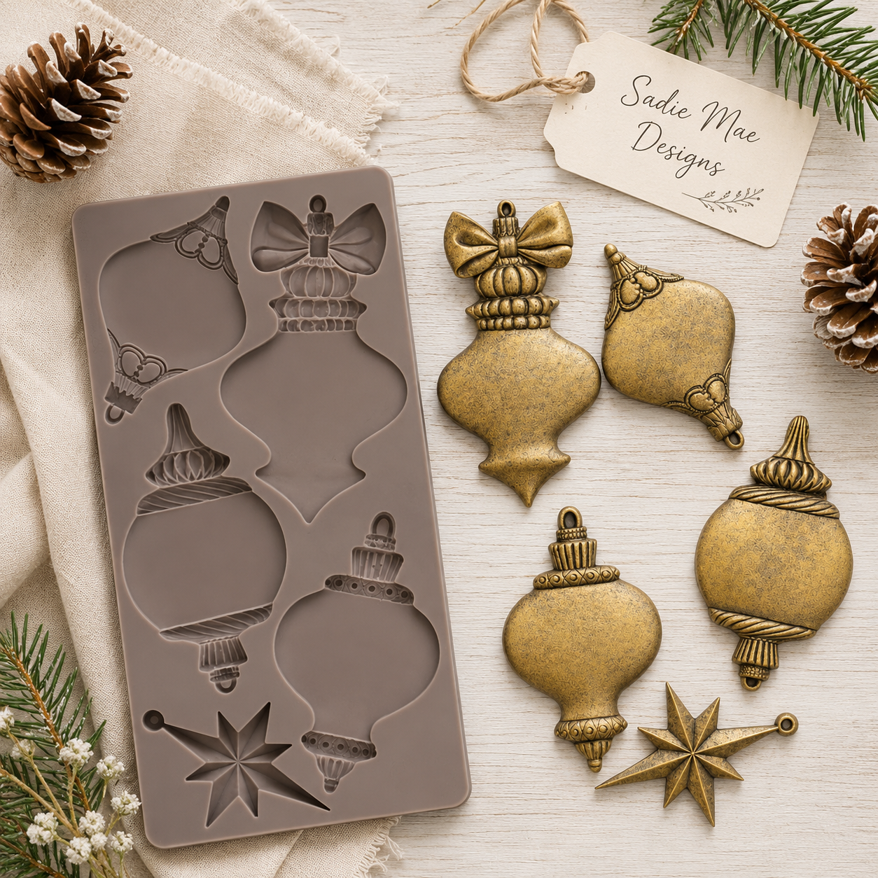 Product image showing the Winter Luxe Blanks mould designs and five finished ornament shapes in an antique gold finish.