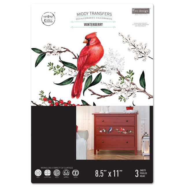 Winterberry Middy Birds Decor Transfer – Red Berries & Cardinals by Re·Design with Prima