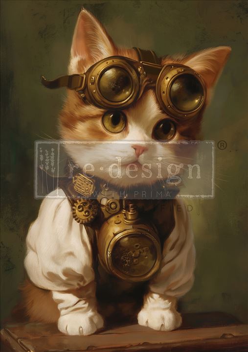 Clockwork Kitty Steampunk Cat A1 Decoupage Fiber - Redesign Decor Tissue Paper ~ Decoupage Paper for Furniture 23.4" x 33.1″