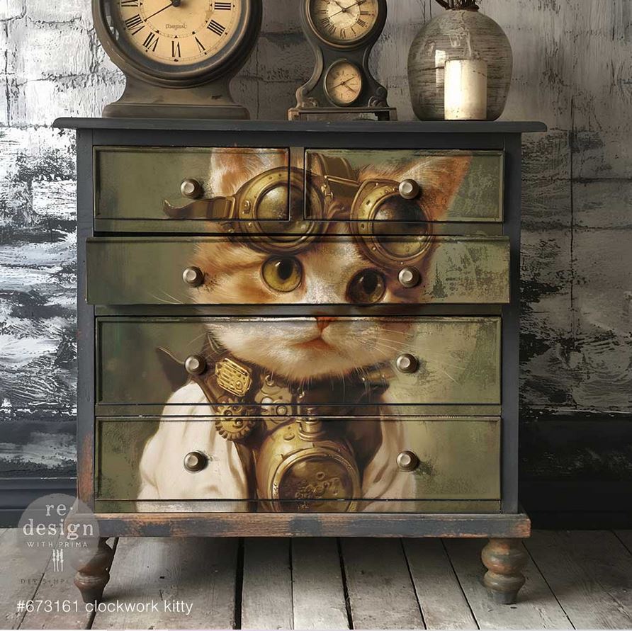 Clockwork Kitty Steampunk Cat A1 Decoupage Fiber - Redesign Decor Tissue Paper ~ Decoupage Paper for Furniture 23.4" x 33.1″