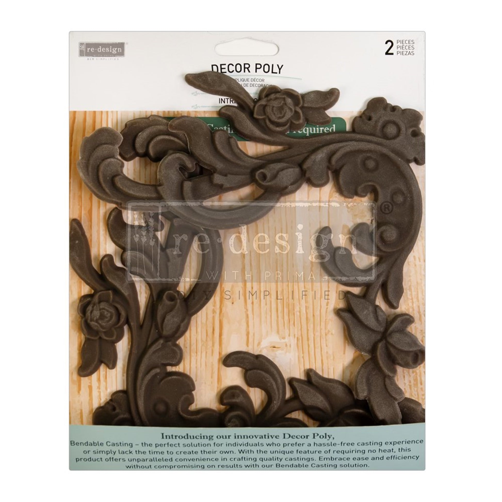 Intricate Grace Décor Poly® two-piece set shown in retail packaging, featuring flexible ornate floral scroll appliqués for furniture and decorative projects.