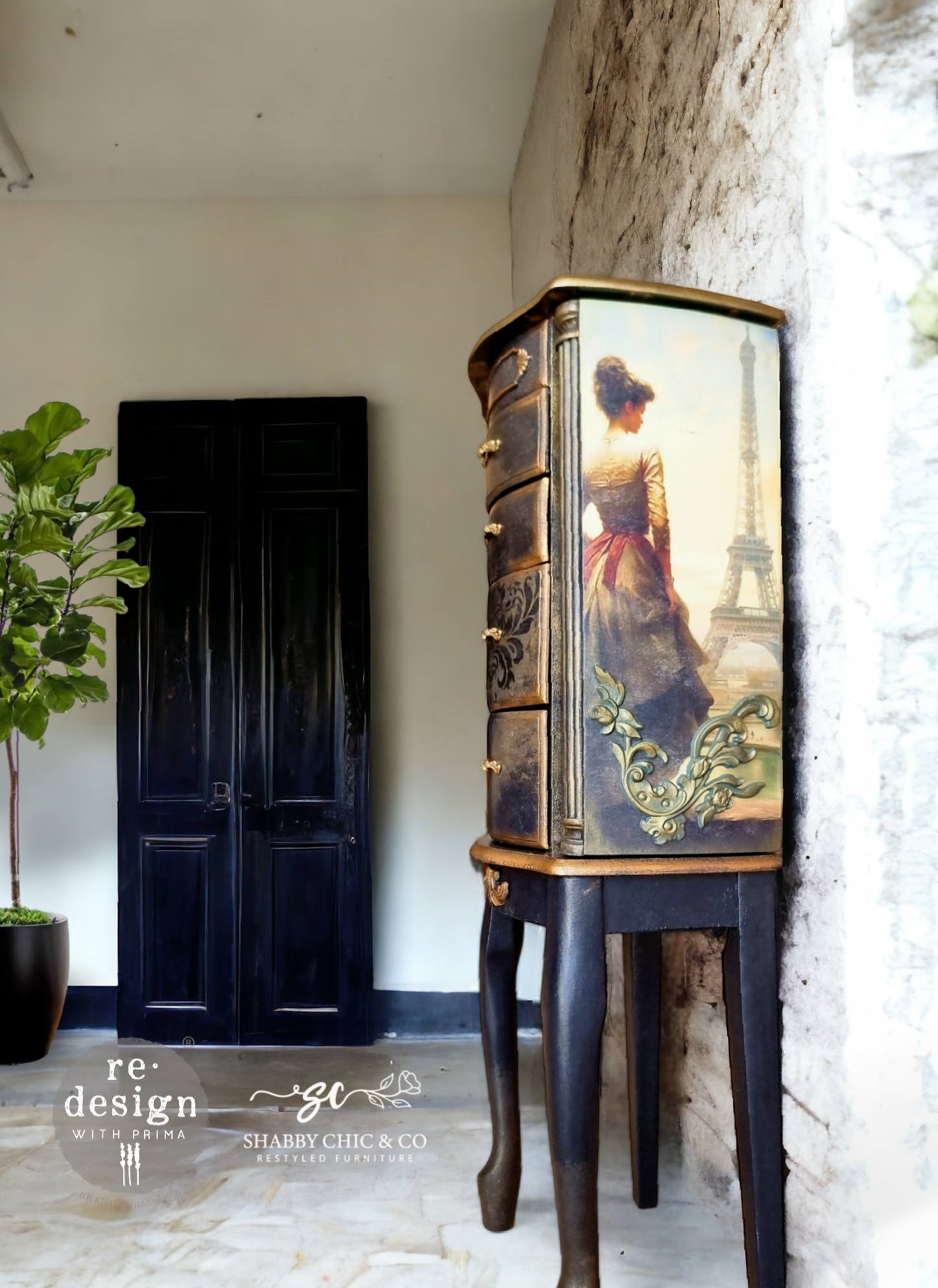 Intricate Grace Décor Poly® appliqué finished in antique gold and applied to a vintage-style cabinet featuring a woman and Eiffel Tower image, creating an elegant French-inspired furniture makeover.