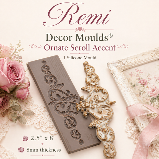 Remi Decor Mould silicone mould with ornate scroll design and finished cast embellishment styled with soft pink roses and vintage lace.