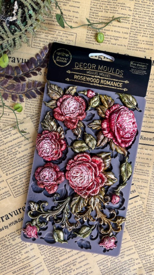 Redesign with Prima Rosewood Romance silicone decor mould with dimensional roses, leafy accents, floral buds, and scroll details.