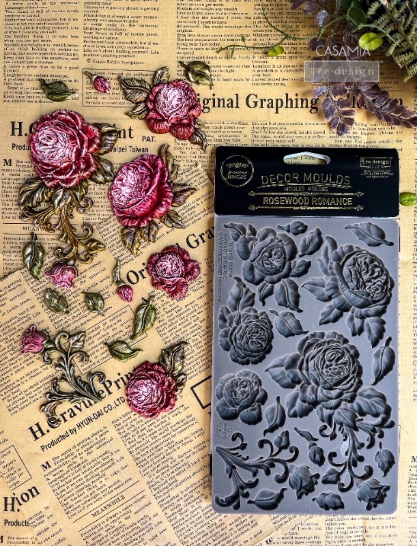 Rosewood Romance floral silicone mould with 5 inch by 8 inch size guide and 12mm thickness for DIY décor projects.
