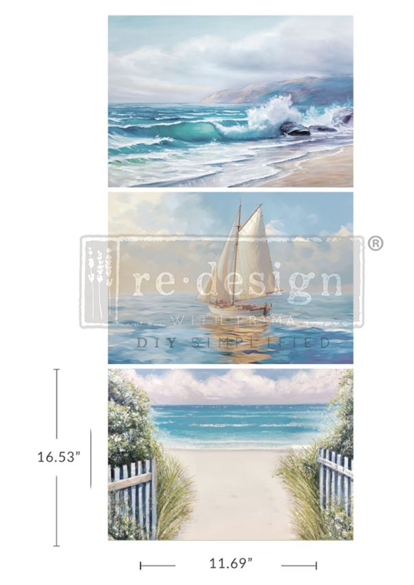 Seascape Melody A3 decoupage fiber paper by Redesign with Prima showing coastal ocean design
