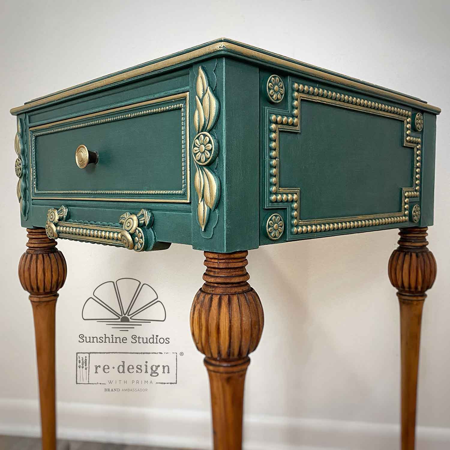 Swedish Posy mould embellishments applied to furniture drawers with beaded trim, floral medallions, leafy accents, and decorative corners.