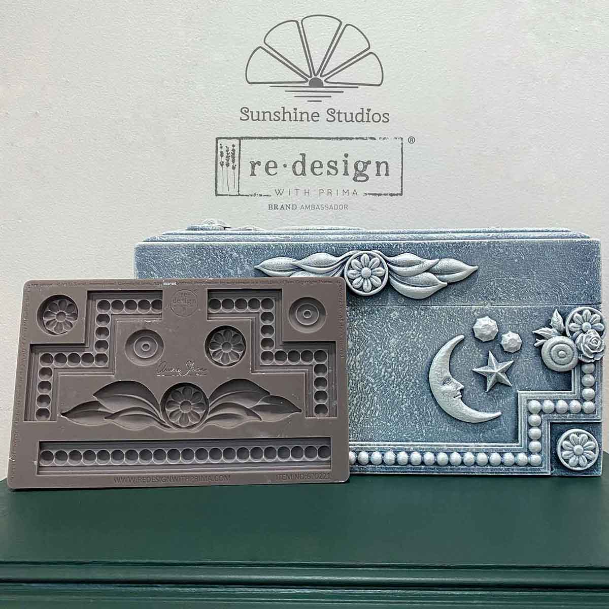 Annie Sloan Swedish Posy Decor Mould featuring raised casting details for furniture, frames, trays, boxes, and mixed media projects.