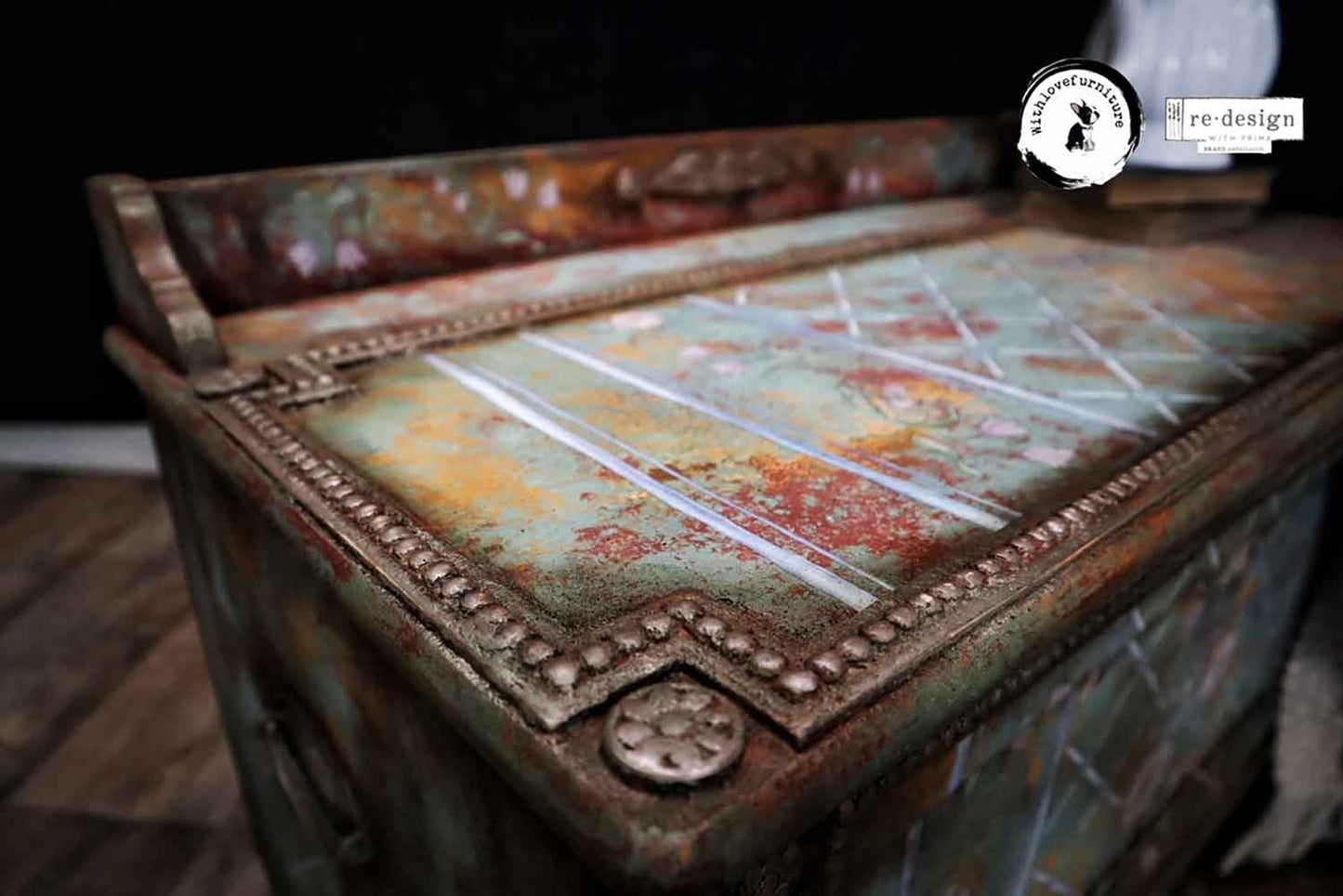 Swedish Posy Annie Sloan mould used to add dimensional floral and beaded details to a vintage furniture makeover.