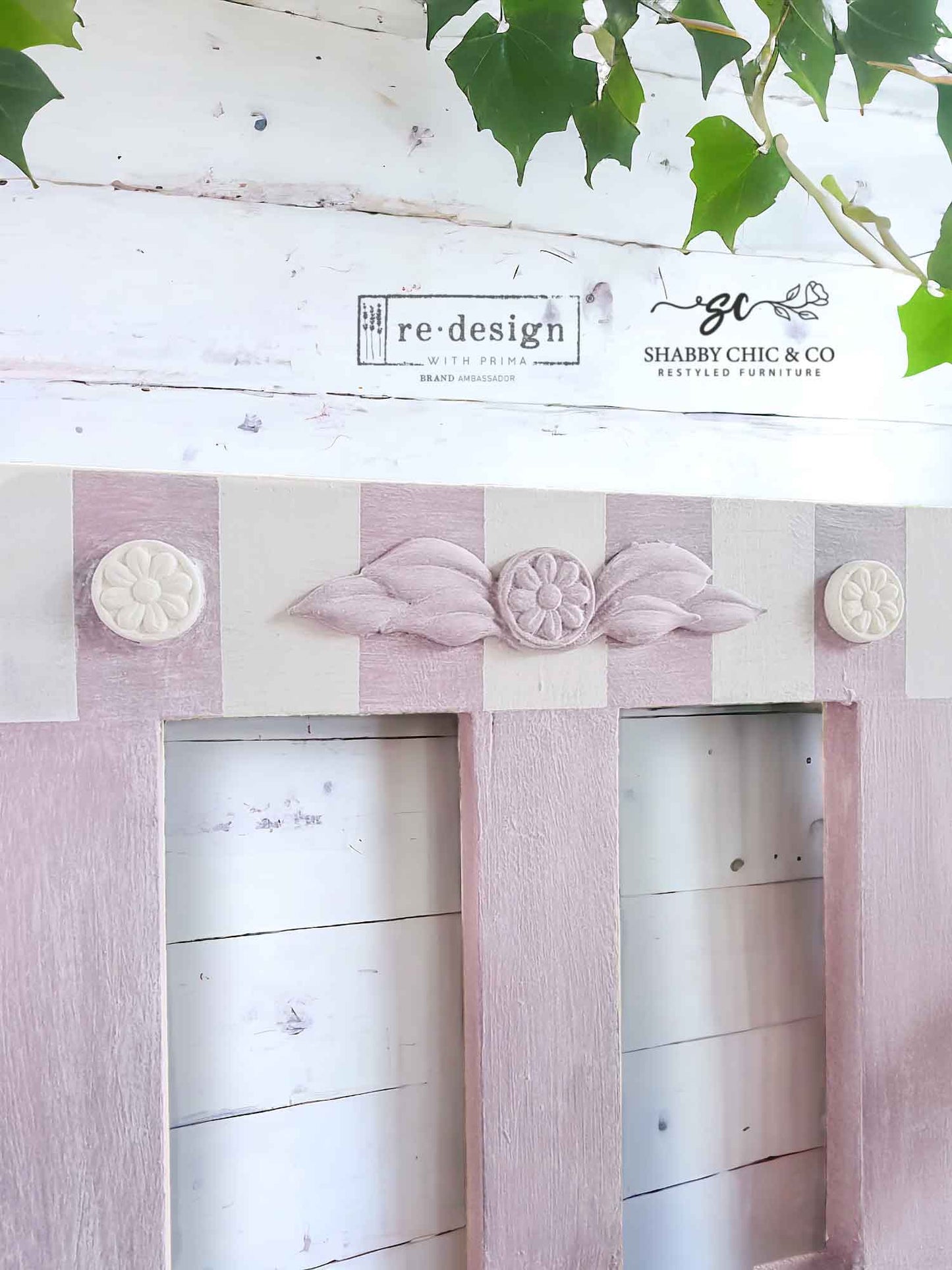 Painted furniture piece featuring Swedish Posy castings as raised accents on drawer fronts, cabinet panels, and trim details.